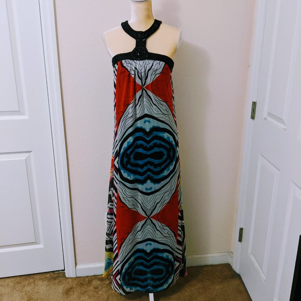 Graphic Print Beaded Halter Maxi Dress